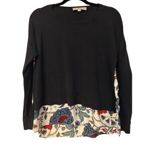 LOFT Navy Floral Mixed Media Sweater Long Sleeve Knit Back Pullover LP Petites